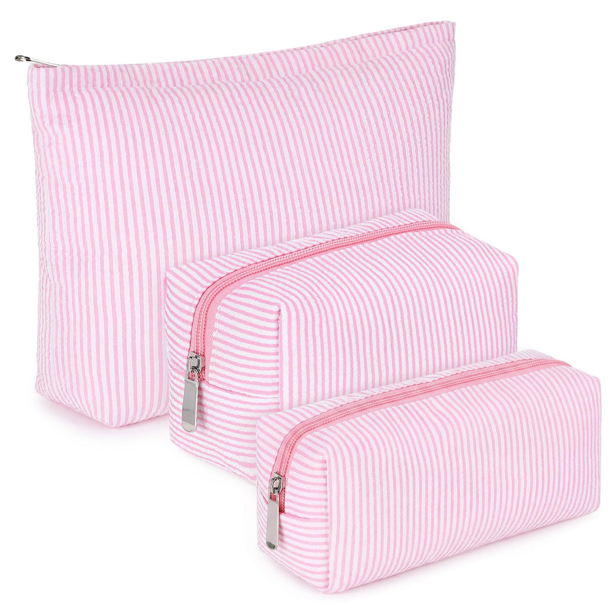 Huhumy 3 Pcs Makeup Bag Set Cute Stripe Cosmetic Pouch for Women Aesthetic Seersucker Travel Toiletry Bag Set Preppy Small Makeup Purse Pouch Cosmetic Organizer Pencil Case with Zipper(Pink) - thewildfolk Huhumy 3 Pcs Makeup Bag Set Cute Stripe Cosmetic Pouch for Women Aesthetic Seersucker Travel Toiletry Bag Set Preppy Small Makeup Purse Pouch Cosmetic Organizer Pencil Case with Zipper(Pink)
