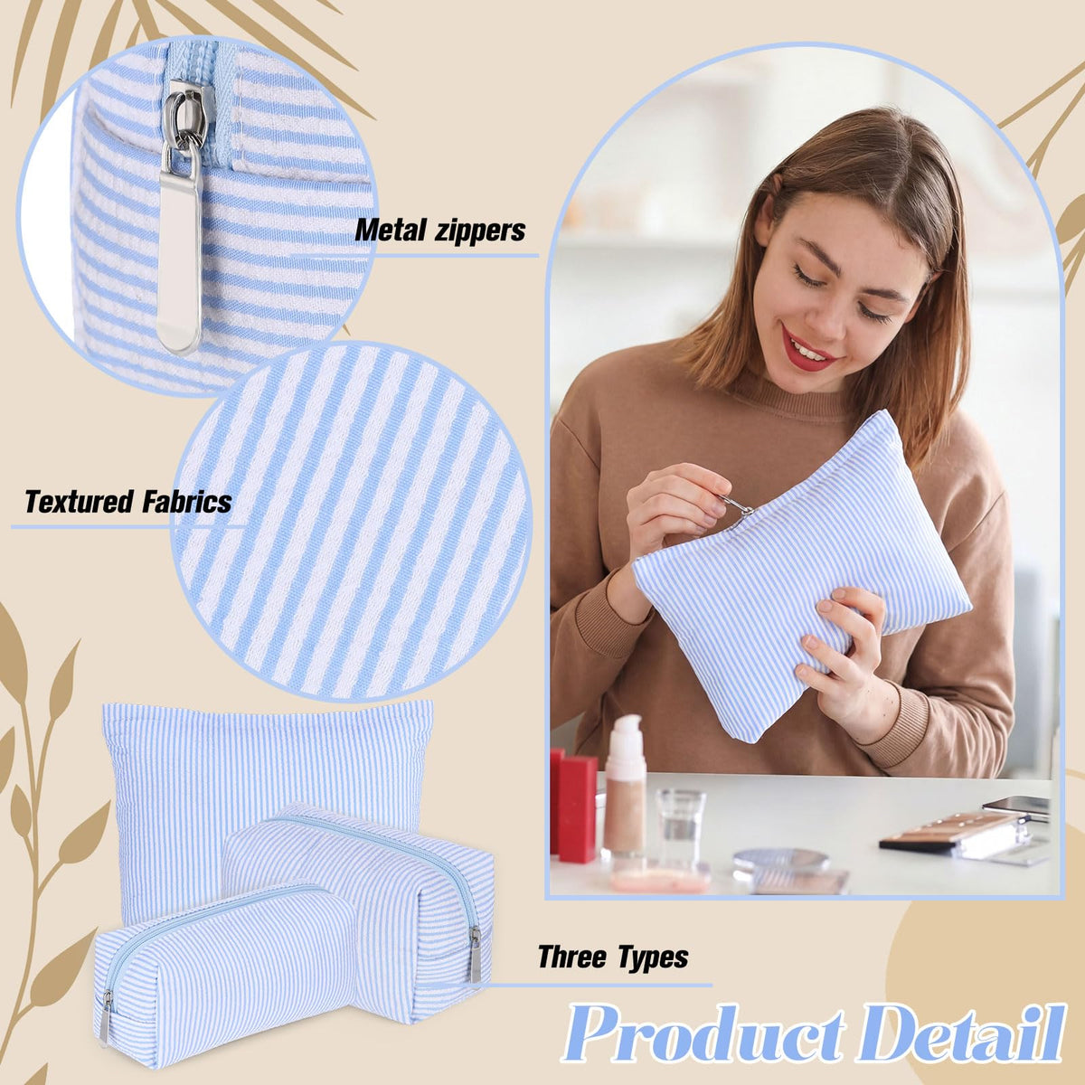 Huhumy 3 Pcs Makeup Bag Set Cute Stripe Cosmetic Pouch for Women Aesthetic Seersucker Travel Toiletry Bag Set Preppy Small Makeup Purse Pouch Cosmetic Organizer Pencil Case with Zipper(Blue) - thewildfolk Huhumy 3 Pcs Makeup Bag Set Cute Stripe Cosmetic Pouch for Women Aesthetic Seersucker Travel Toiletry Bag Set Preppy Small Makeup Purse Pouch Cosmetic Organizer Pencil Case with Zipper(Blue)