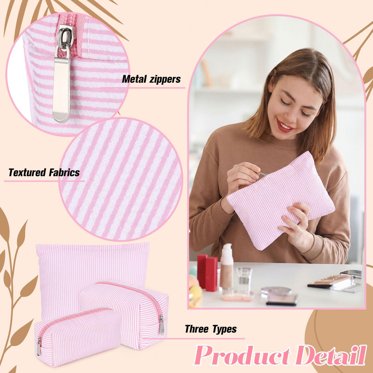 Huhumy 3 Pcs Makeup Bag Set Cute Stripe Cosmetic Pouch for Women Aesthetic Seersucker Travel Toiletry Bag Set Preppy Small Makeup Purse Pouch Cosmetic Organizer Pencil Case with Zipper(Pink) - thewildfolk Huhumy 3 Pcs Makeup Bag Set Cute Stripe Cosmetic Pouch for Women Aesthetic Seersucker Travel Toiletry Bag Set Preppy Small Makeup Purse Pouch Cosmetic Organizer Pencil Case with Zipper(Pink)