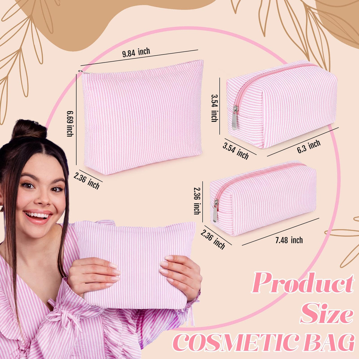 Huhumy 3 Pcs Makeup Bag Set Cute Stripe Cosmetic Pouch for Women Aesthetic Seersucker Travel Toiletry Bag Set Preppy Small Makeup Purse Pouch Cosmetic Organizer Pencil Case with Zipper(Pink) - thewildfolk Huhumy 3 Pcs Makeup Bag Set Cute Stripe Cosmetic Pouch for Women Aesthetic Seersucker Travel Toiletry Bag Set Preppy Small Makeup Purse Pouch Cosmetic Organizer Pencil Case with Zipper(Pink)