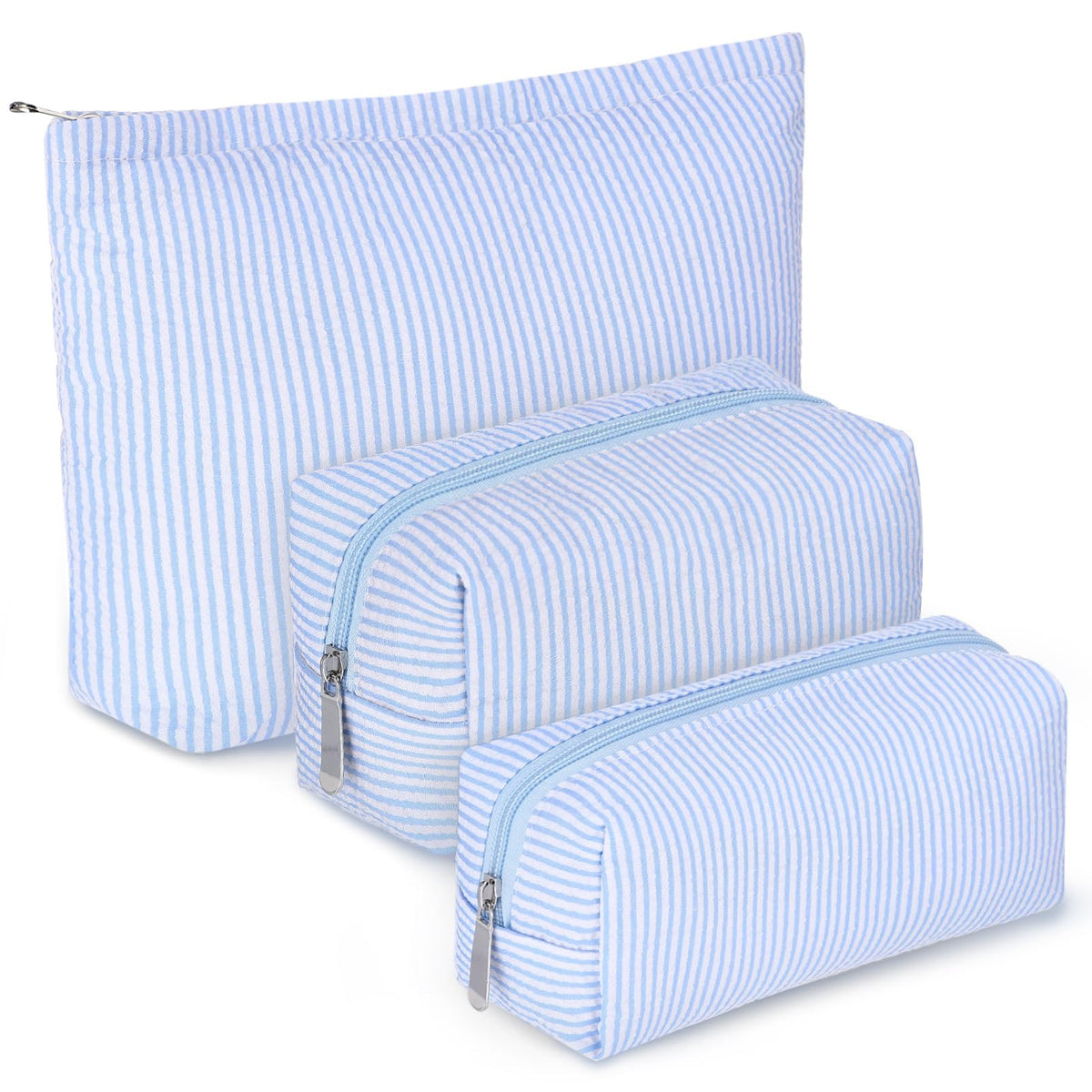 Huhumy 3 Pcs Makeup Bag Set Cute Stripe Cosmetic Pouch for Women Aesthetic Seersucker Travel Toiletry Bag Set Preppy Small Makeup Purse Pouch Cosmetic Organizer Pencil Case with Zipper(Blue) - thewildfolk Huhumy 3 Pcs Makeup Bag Set Cute Stripe Cosmetic Pouch for Women Aesthetic Seersucker Travel Toiletry Bag Set Preppy Small Makeup Purse Pouch Cosmetic Organizer Pencil Case with Zipper(Blue)