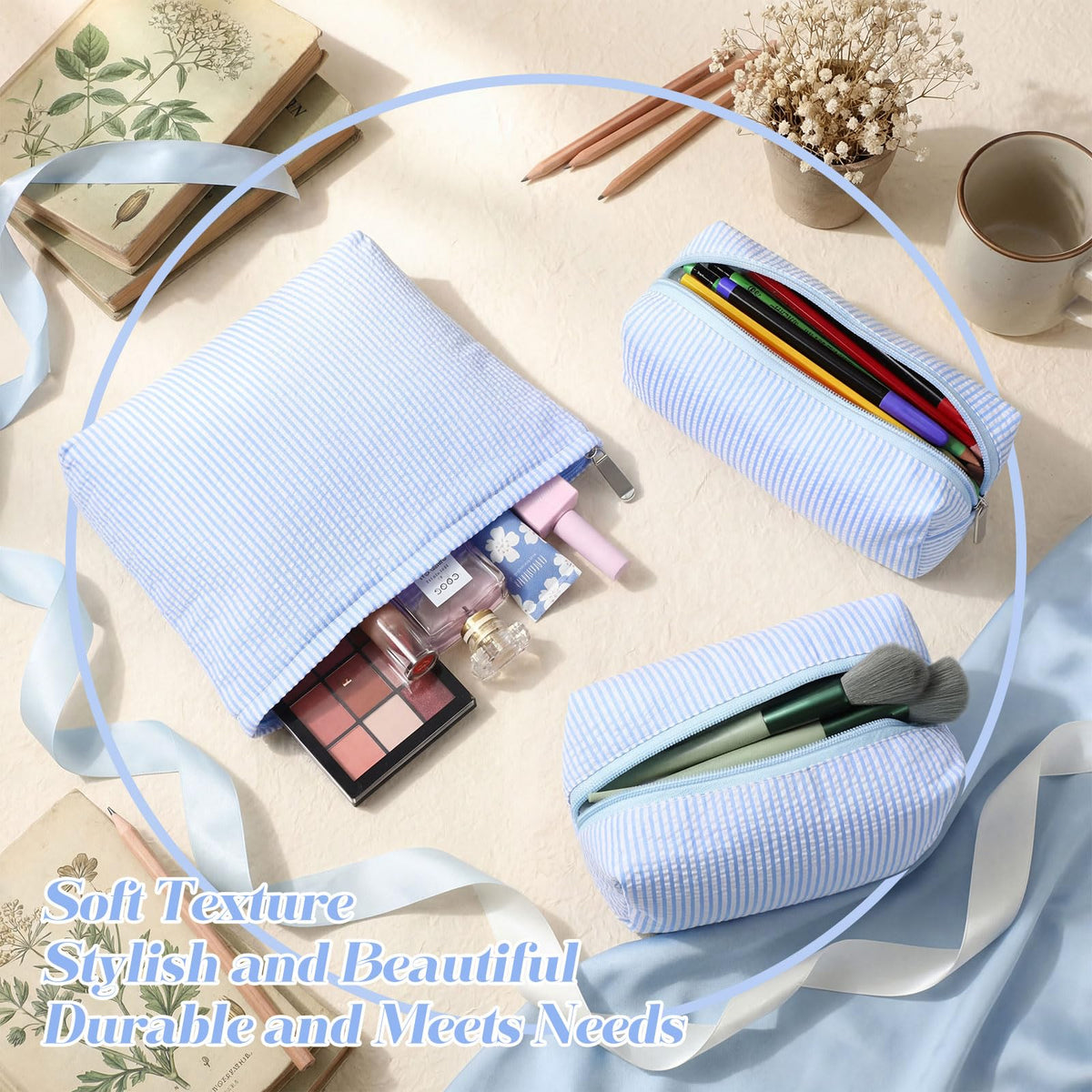 Huhumy 3 Pcs Makeup Bag Set Cute Stripe Cosmetic Pouch for Women Aesthetic Seersucker Travel Toiletry Bag Set Preppy Small Makeup Purse Pouch Cosmetic Organizer Pencil Case with Zipper(Blue) - thewildfolk Huhumy 3 Pcs Makeup Bag Set Cute Stripe Cosmetic Pouch for Women Aesthetic Seersucker Travel Toiletry Bag Set Preppy Small Makeup Purse Pouch Cosmetic Organizer Pencil Case with Zipper(Blue)