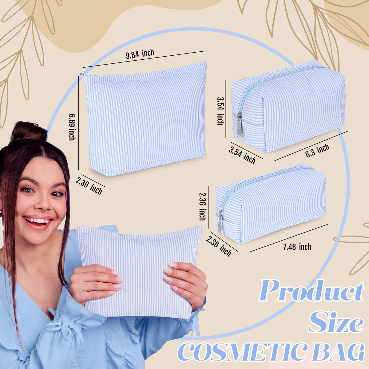 Huhumy 3 Pcs Makeup Bag Set Cute Stripe Cosmetic Pouch for Women Aesthetic Seersucker Travel Toiletry Bag Set Preppy Small Makeup Purse Pouch Cosmetic Organizer Pencil Case with Zipper(Blue) - thewildfolk Huhumy 3 Pcs Makeup Bag Set Cute Stripe Cosmetic Pouch for Women Aesthetic Seersucker Travel Toiletry Bag Set Preppy Small Makeup Purse Pouch Cosmetic Organizer Pencil Case with Zipper(Blue)