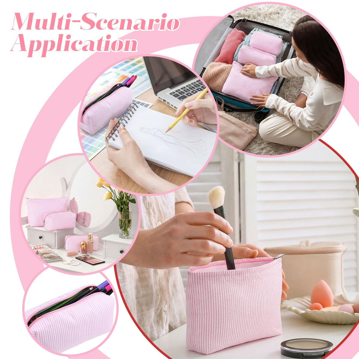 Huhumy 3 Pcs Makeup Bag Set Cute Stripe Cosmetic Pouch for Women Aesthetic Seersucker Travel Toiletry Bag Set Preppy Small Makeup Purse Pouch Cosmetic Organizer Pencil Case with Zipper(Pink) - thewildfolk Huhumy 3 Pcs Makeup Bag Set Cute Stripe Cosmetic Pouch for Women Aesthetic Seersucker Travel Toiletry Bag Set Preppy Small Makeup Purse Pouch Cosmetic Organizer Pencil Case with Zipper(Pink)