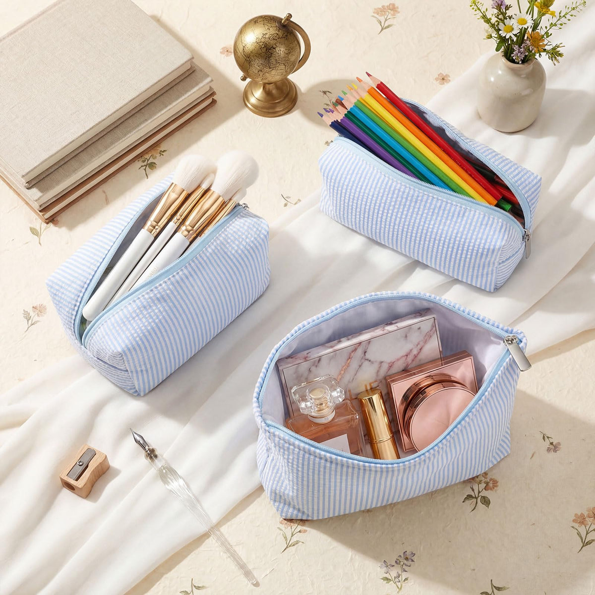 Huhumy 3 Pcs Makeup Bag Set Cute Stripe Cosmetic Pouch for Women Aesthetic Seersucker Travel Toiletry Bag Set Preppy Small Makeup Purse Pouch Cosmetic Organizer Pencil Case with Zipper(Blue) - thewildfolk Huhumy 3 Pcs Makeup Bag Set Cute Stripe Cosmetic Pouch for Women Aesthetic Seersucker Travel Toiletry Bag Set Preppy Small Makeup Purse Pouch Cosmetic Organizer Pencil Case with Zipper(Blue)