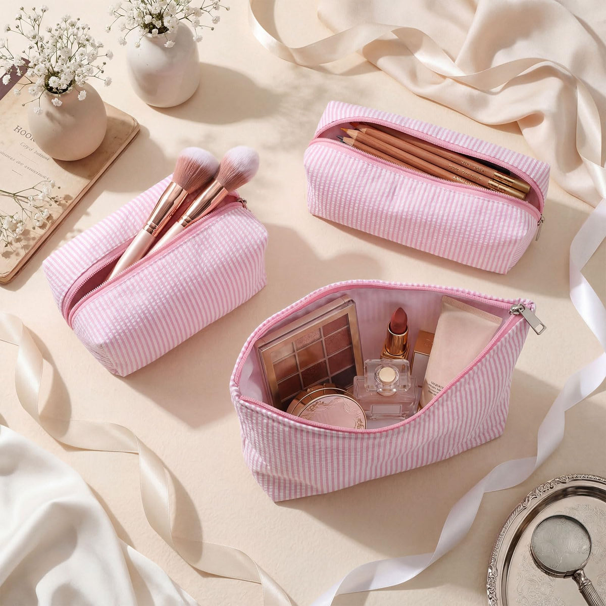 Huhumy 3 Pcs Makeup Bag Set Cute Stripe Cosmetic Pouch for Women Aesthetic Seersucker Travel Toiletry Bag Set Preppy Small Makeup Purse Pouch Cosmetic Organizer Pencil Case with Zipper(Pink) - thewildfolk Huhumy 3 Pcs Makeup Bag Set Cute Stripe Cosmetic Pouch for Women Aesthetic Seersucker Travel Toiletry Bag Set Preppy Small Makeup Purse Pouch Cosmetic Organizer Pencil Case with Zipper(Pink)