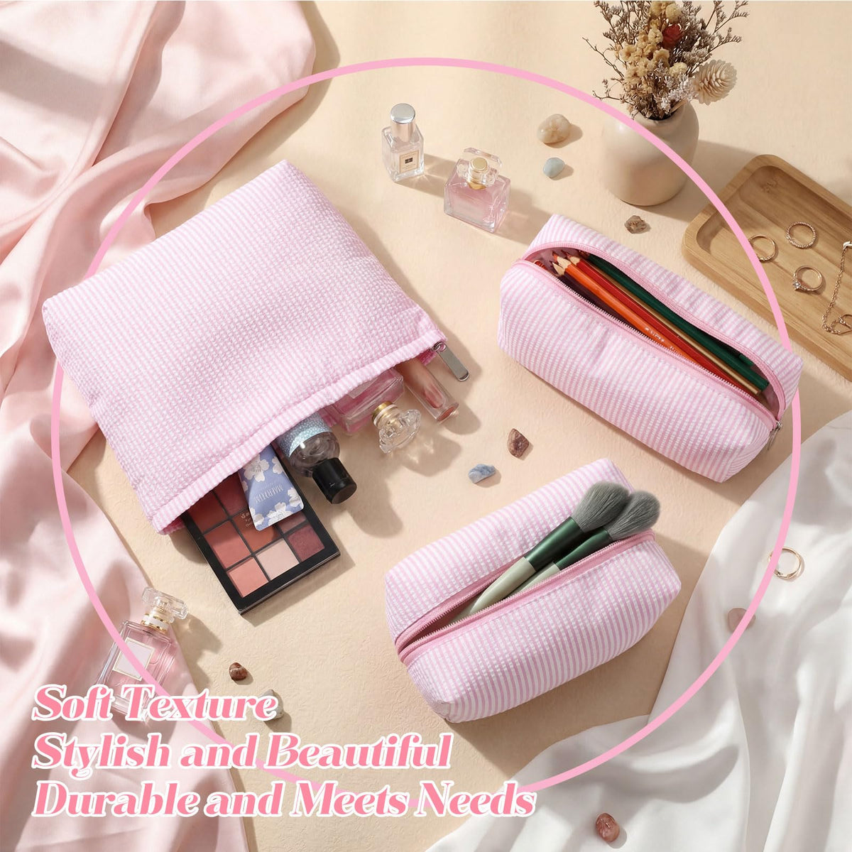 Huhumy 3 Pcs Makeup Bag Set Cute Stripe Cosmetic Pouch for Women Aesthetic Seersucker Travel Toiletry Bag Set Preppy Small Makeup Purse Pouch Cosmetic Organizer Pencil Case with Zipper(Pink) - thewildfolk Huhumy 3 Pcs Makeup Bag Set Cute Stripe Cosmetic Pouch for Women Aesthetic Seersucker Travel Toiletry Bag Set Preppy Small Makeup Purse Pouch Cosmetic Organizer Pencil Case with Zipper(Pink)