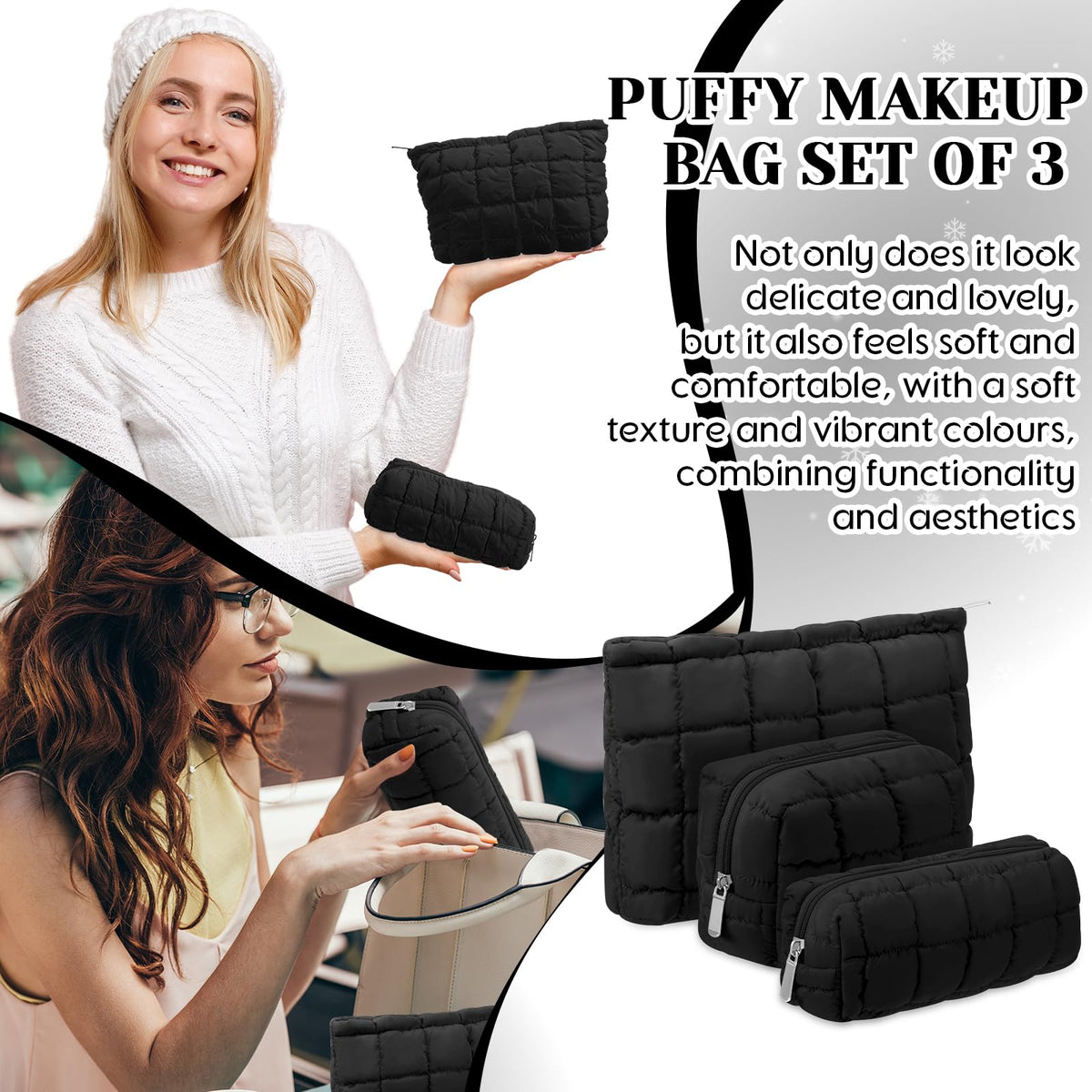 Huhumy 3 Pcs Puffy Makeup Bag Quilted Cosmetic Pouch for Women Cute Checkered Travel Toiletry Bag Puffer Makeup Organizer Purse Pouch Preppy Pencil Case with Zipper(Black) - thewildfolk Huhumy 3 Pcs Puffy Makeup Bag Quilted Cosmetic Pouch for Women Cute Checkered Travel Toiletry Bag Puffer Makeup Organizer Purse Pouch Preppy Pencil Case with Zipper(Black)