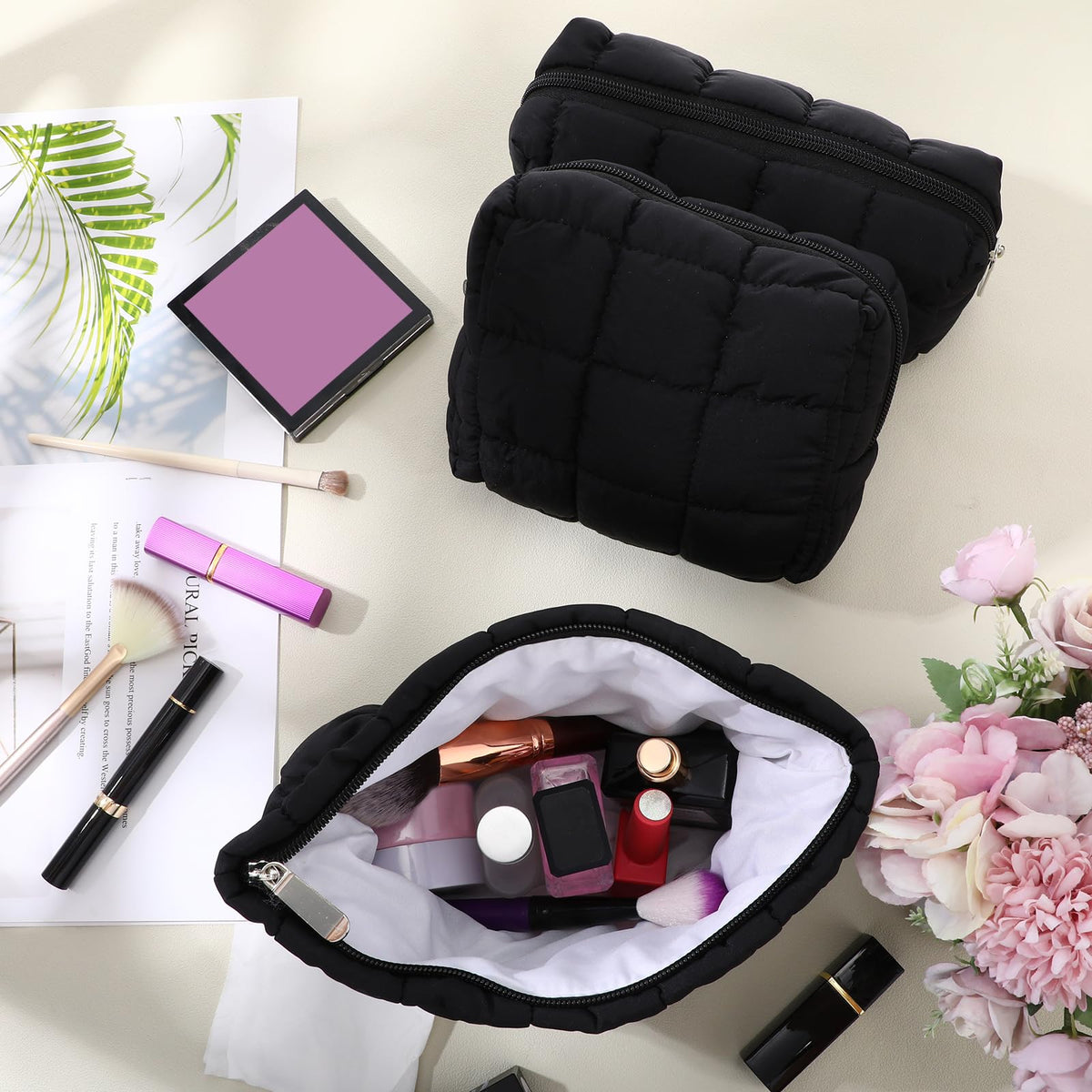 Huhumy 3 Pcs Puffy Makeup Bag Quilted Cosmetic Pouch for Women Cute Checkered Travel Toiletry Bag Puffer Makeup Organizer Purse Pouch Preppy Pencil Case with Zipper(Black) - thewildfolk Huhumy 3 Pcs Puffy Makeup Bag Quilted Cosmetic Pouch for Women Cute Checkered Travel Toiletry Bag Puffer Makeup Organizer Purse Pouch Preppy Pencil Case with Zipper(Black)