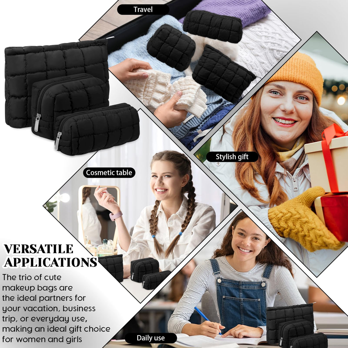 Huhumy 3 Pcs Puffy Makeup Bag Quilted Cosmetic Pouch for Women Cute Checkered Travel Toiletry Bag Puffer Makeup Organizer Purse Pouch Preppy Pencil Case with Zipper(Black) - thewildfolk Huhumy 3 Pcs Puffy Makeup Bag Quilted Cosmetic Pouch for Women Cute Checkered Travel Toiletry Bag Puffer Makeup Organizer Purse Pouch Preppy Pencil Case with Zipper(Black)