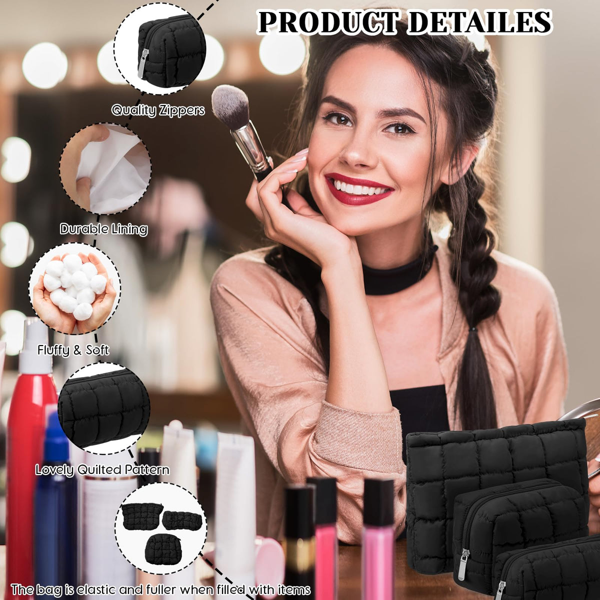 Huhumy 3 Pcs Puffy Makeup Bag Quilted Cosmetic Pouch for Women Cute Checkered Travel Toiletry Bag Puffer Makeup Organizer Purse Pouch Preppy Pencil Case with Zipper(Black) - thewildfolk Huhumy 3 Pcs Puffy Makeup Bag Quilted Cosmetic Pouch for Women Cute Checkered Travel Toiletry Bag Puffer Makeup Organizer Purse Pouch Preppy Pencil Case with Zipper(Black)