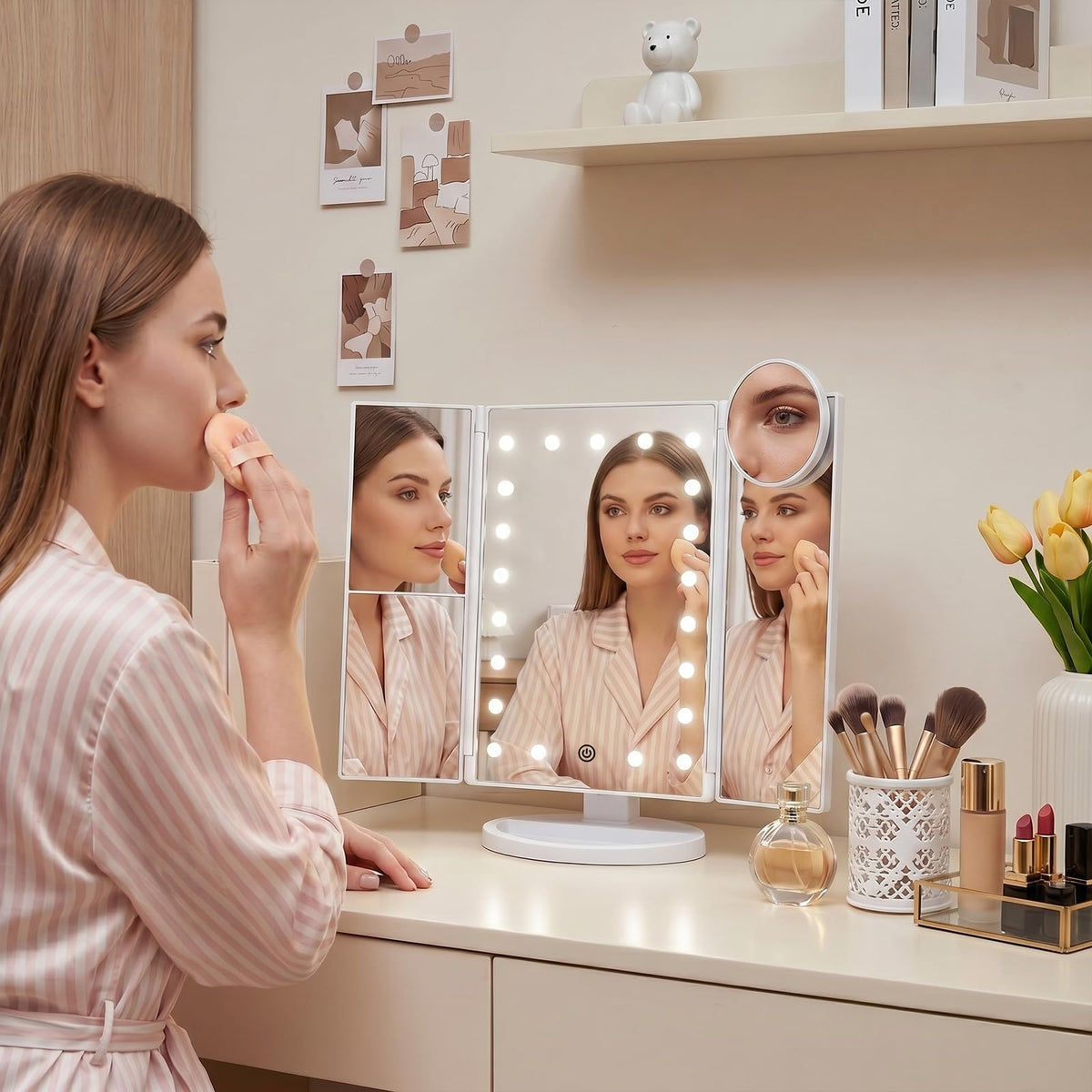 HUONUL 2X/3X/10X Magnifying Vanity Mirror with Light, Trifold Makeup Mirror - thewildfolk HUONUL 2X/3X/10X Magnifying Vanity Mirror with Light, Trifold Makeup Mirror