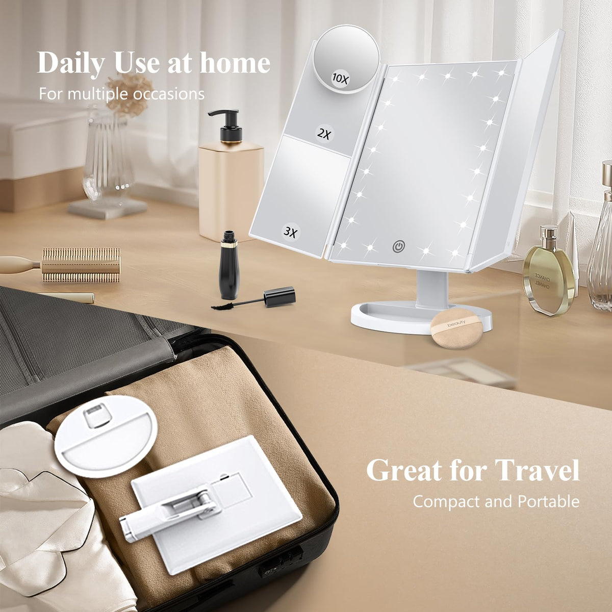 HUONUL 2X/3X/10X Magnifying Vanity Mirror with Light, Trifold Makeup Mirror - thewildfolk HUONUL 2X/3X/10X Magnifying Vanity Mirror with Light, Trifold Makeup Mirror