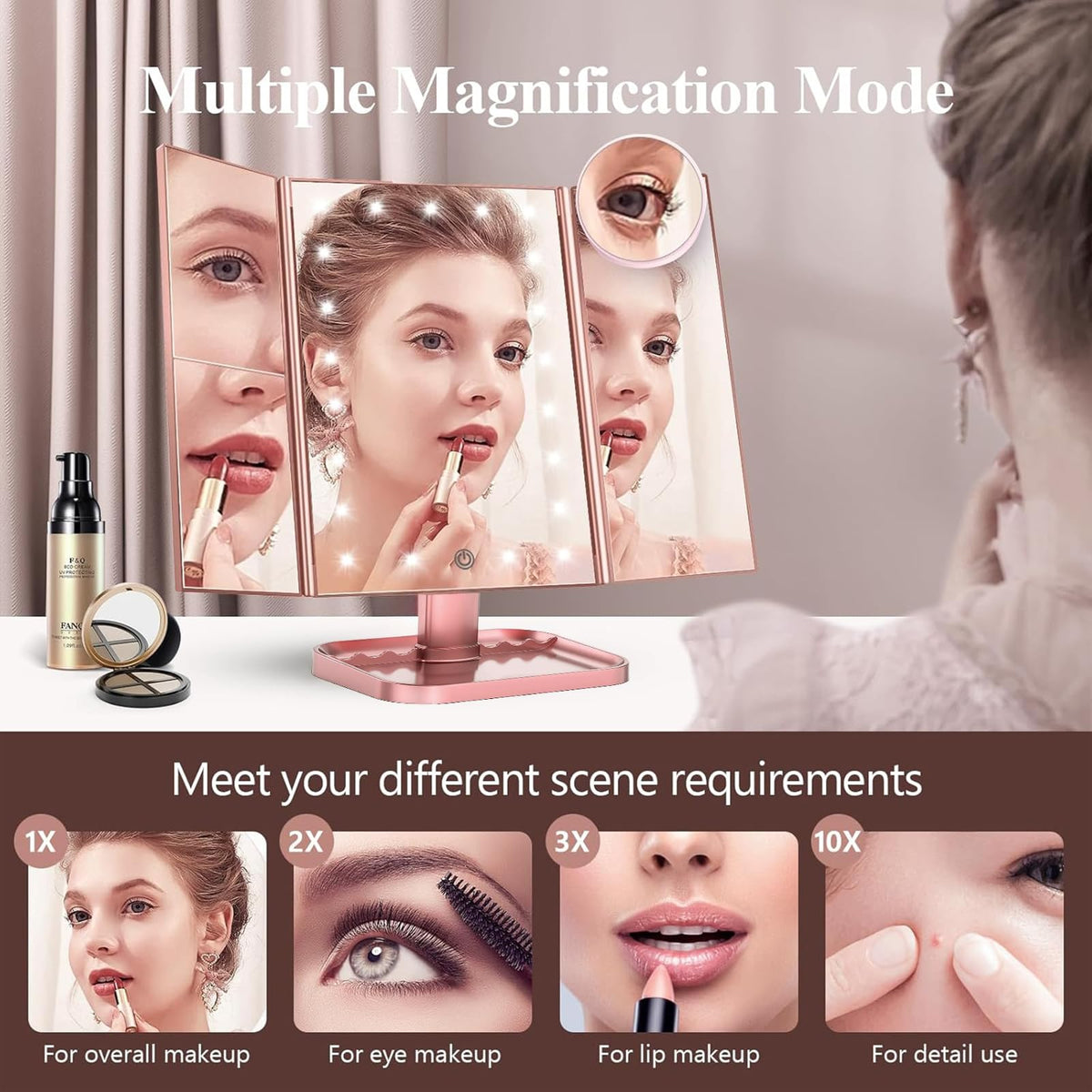 HUONUL 2X/3X/10X Magnifying Vanity Mirror with Light, Trifold Makeup Mirror - thewildfolk HUONUL 2X/3X/10X Magnifying Vanity Mirror with Light, Trifold Makeup Mirror