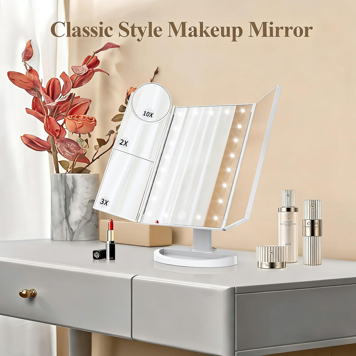 HUONUL 2X/3X/10X Magnifying Vanity Mirror with Light, Trifold Makeup Mirror - thewildfolk HUONUL 2X/3X/10X Magnifying Vanity Mirror with Light, Trifold Makeup Mirror