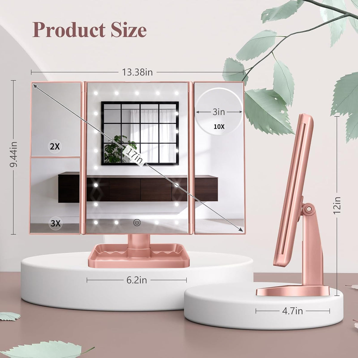 HUONUL 2X/3X/10X Magnifying Vanity Mirror with Light, Trifold Makeup Mirror - thewildfolk HUONUL 2X/3X/10X Magnifying Vanity Mirror with Light, Trifold Makeup Mirror