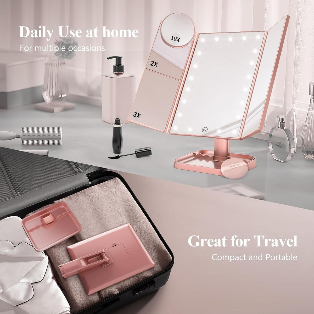 HUONUL 2X/3X/10X Magnifying Vanity Mirror with Light, Trifold Makeup Mirror - thewildfolk HUONUL 2X/3X/10X Magnifying Vanity Mirror with Light, Trifold Makeup Mirror