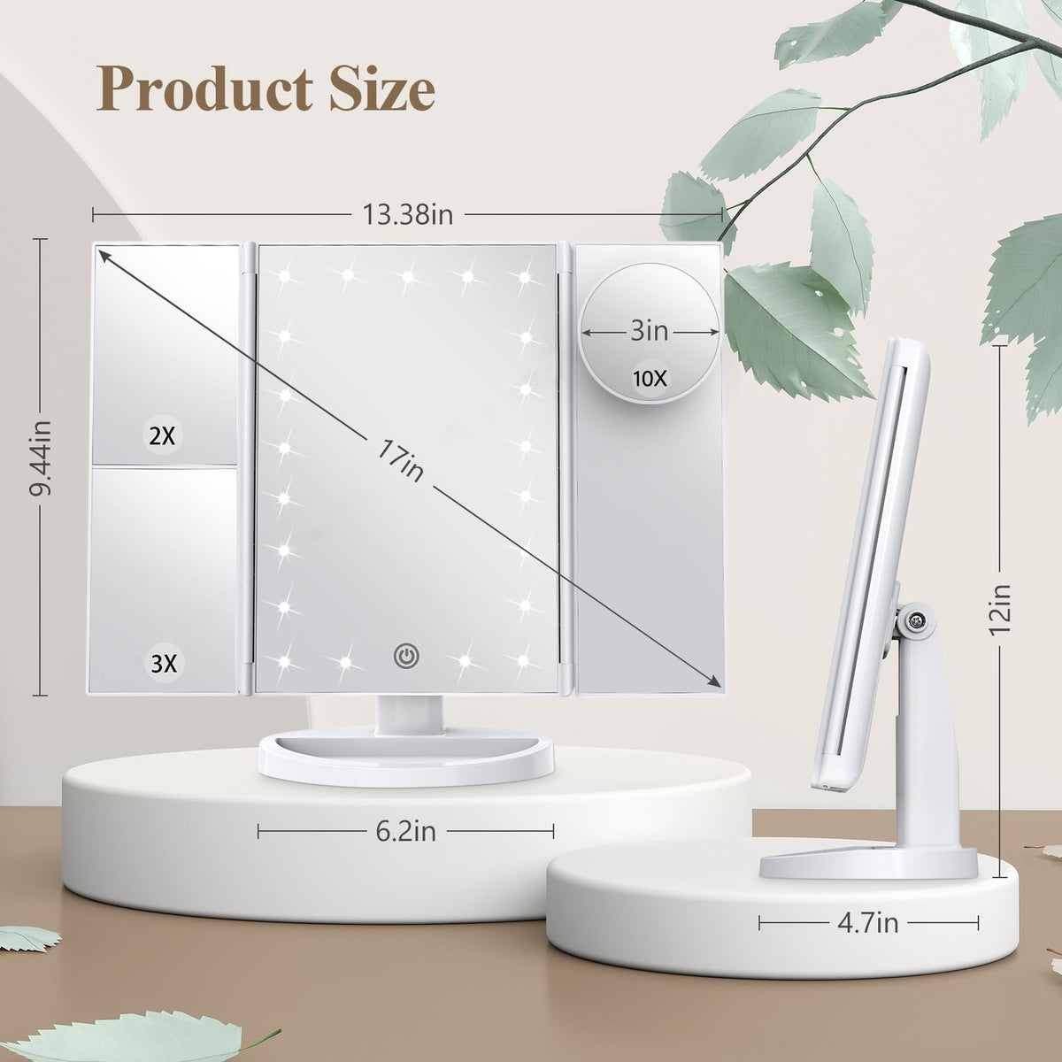 HUONUL 2X/3X/10X Magnifying Vanity Mirror with Light, Trifold Makeup Mirror - thewildfolk HUONUL 2X/3X/10X Magnifying Vanity Mirror with Light, Trifold Makeup Mirror