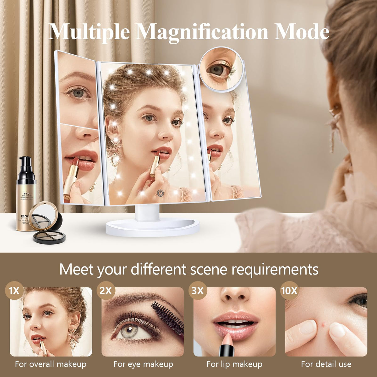HUONUL 2X/3X/10X Magnifying Vanity Mirror with Light, Trifold Makeup Mirror - thewildfolk HUONUL 2X/3X/10X Magnifying Vanity Mirror with Light, Trifold Makeup Mirror