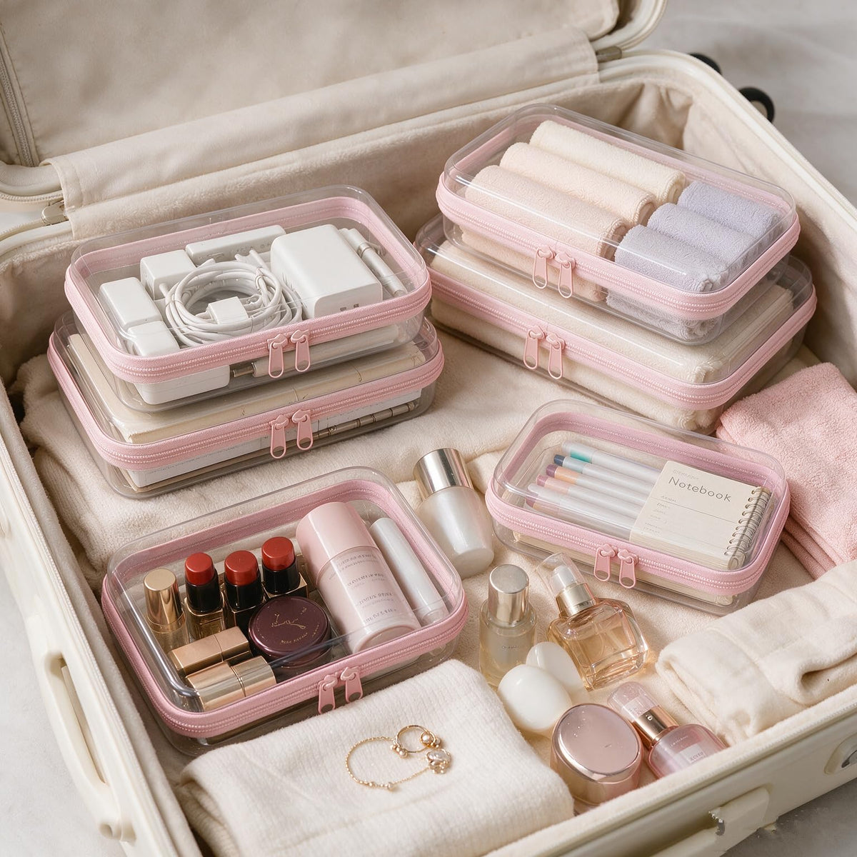 Jiejieko 4 pcs Clear Hard Shell Zipper Case, Water-Resistant Travel Makeup Bag, Diaper Bag Organizer Pouches,Clear Toiletry Bags (Pink) - thewildfolk Jiejieko 4 pcs Clear Hard Shell Zipper Case, Water-Resistant Travel Makeup Bag, Diaper Bag Organizer Pouches,Clear Toiletry Bags (Pink)