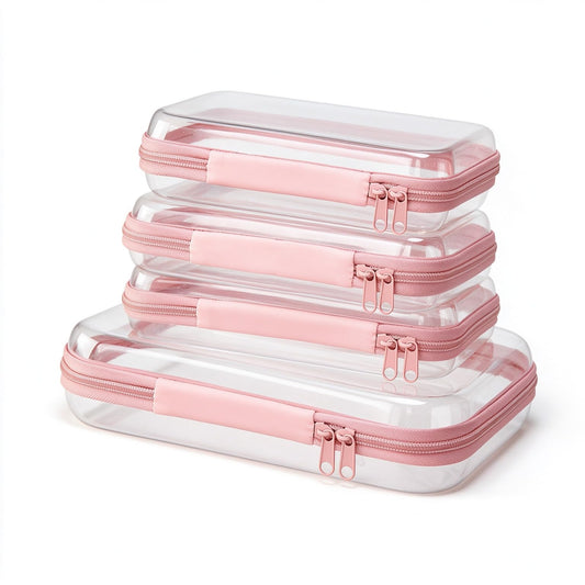 Jiejieko 4 pcs Clear Hard Shell Zipper Case, Water-Resistant Travel Makeup Bag, Diaper Bag Organizer Pouches,Clear Toiletry Bags (Pink) - thewildfolk Jiejieko 4 pcs Clear Hard Shell Zipper Case, Water-Resistant Travel Makeup Bag, Diaper Bag Organizer Pouches,Clear Toiletry Bags (Pink)