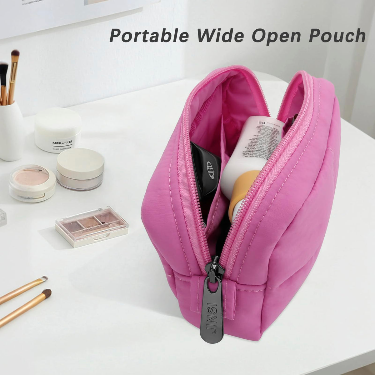 JINSI Small Makeup Bag for Purse, Quilted Travel Cosmetic Bag, Zipper Cosmetic Pouch Organizer Toiletry Bag, Make Up Bags for Women Girls, Rose - thewildfolk JINSI Small Makeup Bag for Purse, Quilted Travel Cosmetic Bag, Zipper Cosmetic Pouch Organizer Toiletry Bag, Make Up Bags for Women Girls, Rose