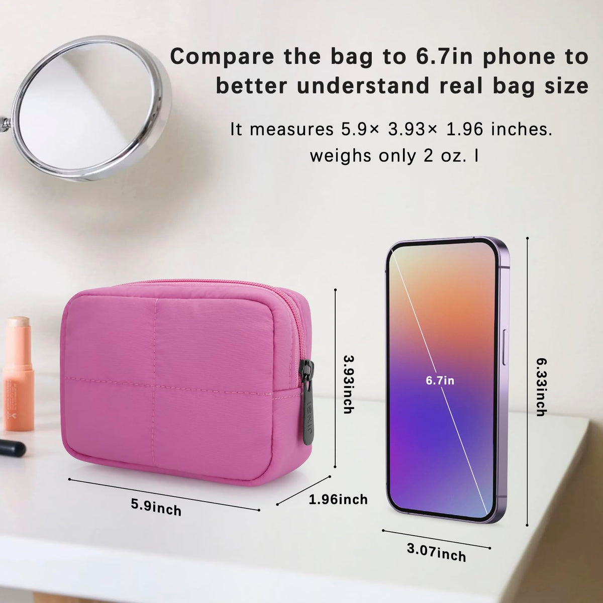 JINSI Small Makeup Bag for Purse, Quilted Travel Cosmetic Bag, Zipper Cosmetic Pouch Organizer Toiletry Bag, Make Up Bags for Women Girls, Rose - thewildfolk JINSI Small Makeup Bag for Purse, Quilted Travel Cosmetic Bag, Zipper Cosmetic Pouch Organizer Toiletry Bag, Make Up Bags for Women Girls, Rose