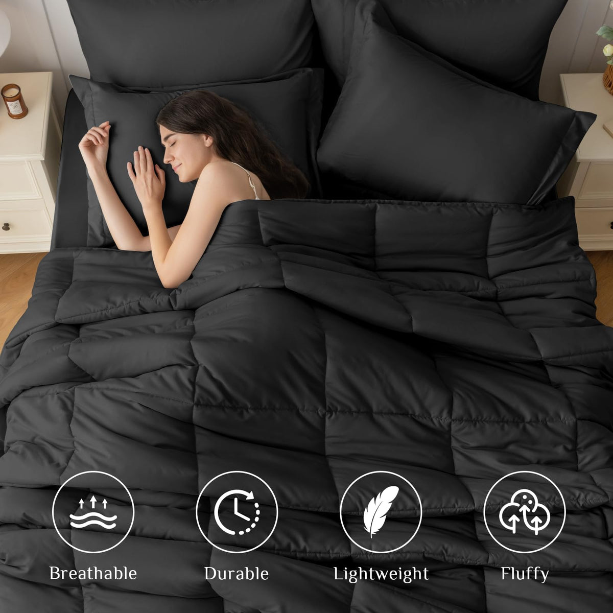 JOLLYVOGUE Queen Comforter Set, Ultra-Soft Bed in a Bag Queen Size 7 Pieces, Oeko-TEX Certified Bedding Set with Down Alternative Comforter, Sheets, Pillowcases & Shams, Black - thewildfolk JOLLYVOGUE Queen Comforter Set, Ultra-Soft Bed in a Bag Queen Size 7 Pieces, Oeko-TEX Certified Bedding Set with Down Alternative Comforter, Sheets, Pillowcases & Shams, Black