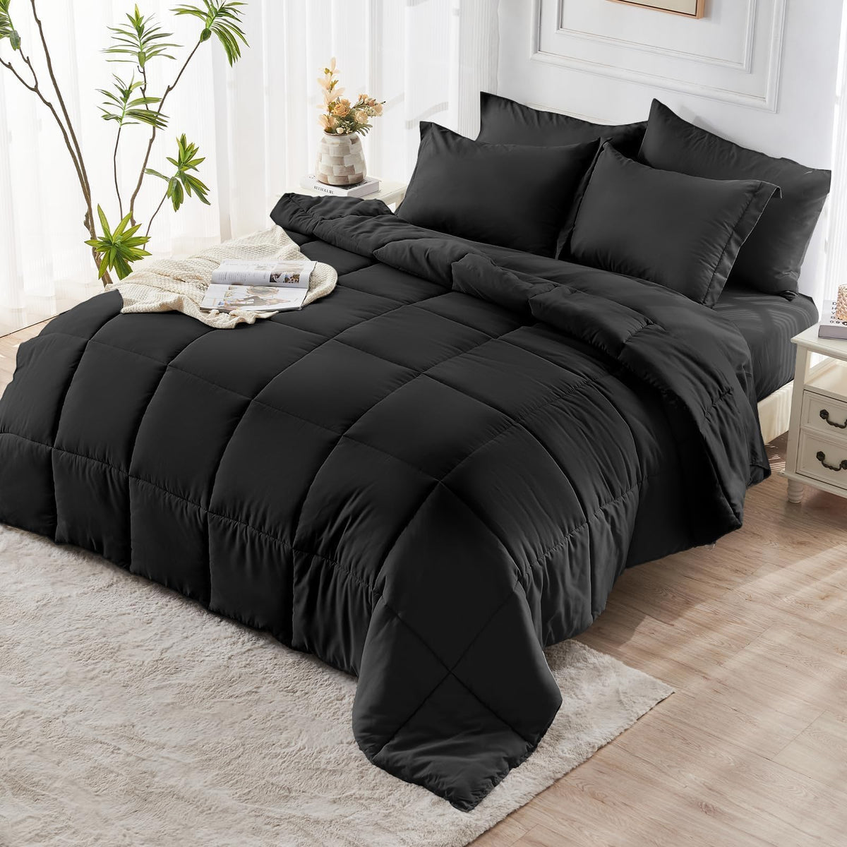 JOLLYVOGUE Queen Comforter Set, Ultra-Soft Bed in a Bag Queen Size 7 Pieces, Oeko-TEX Certified Bedding Set with Down Alternative Comforter, Sheets, Pillowcases & Shams, Black - thewildfolk JOLLYVOGUE Queen Comforter Set, Ultra-Soft Bed in a Bag Queen Size 7 Pieces, Oeko-TEX Certified Bedding Set with Down Alternative Comforter, Sheets, Pillowcases & Shams, Black