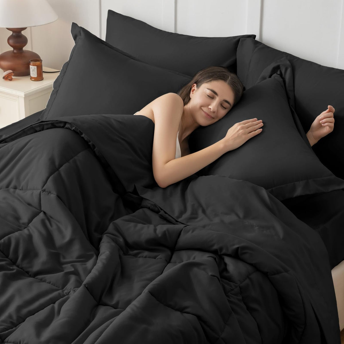 JOLLYVOGUE Queen Comforter Set, Ultra-Soft Bed in a Bag Queen Size 7 Pieces, Oeko-TEX Certified Bedding Set with Down Alternative Comforter, Sheets, Pillowcases & Shams, Black - thewildfolk JOLLYVOGUE Queen Comforter Set, Ultra-Soft Bed in a Bag Queen Size 7 Pieces, Oeko-TEX Certified Bedding Set with Down Alternative Comforter, Sheets, Pillowcases & Shams, Black