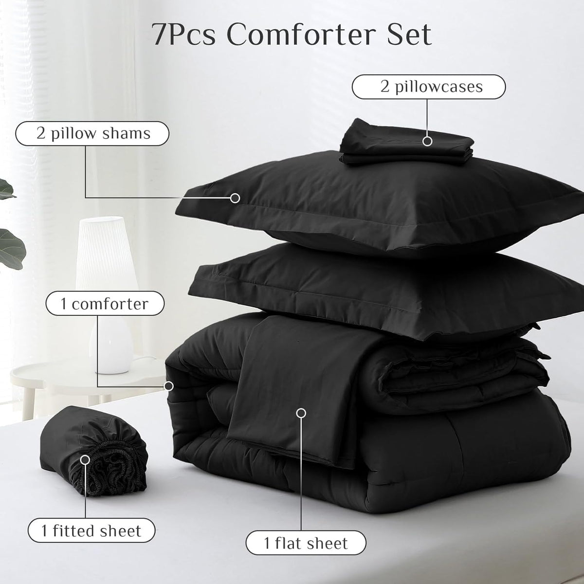 JOLLYVOGUE Queen Comforter Set, Ultra-Soft Bed in a Bag Queen Size 7 Pieces, Oeko-TEX Certified Bedding Set with Down Alternative Comforter, Sheets, Pillowcases & Shams, Black - thewildfolk JOLLYVOGUE Queen Comforter Set, Ultra-Soft Bed in a Bag Queen Size 7 Pieces, Oeko-TEX Certified Bedding Set with Down Alternative Comforter, Sheets, Pillowcases & Shams, Black