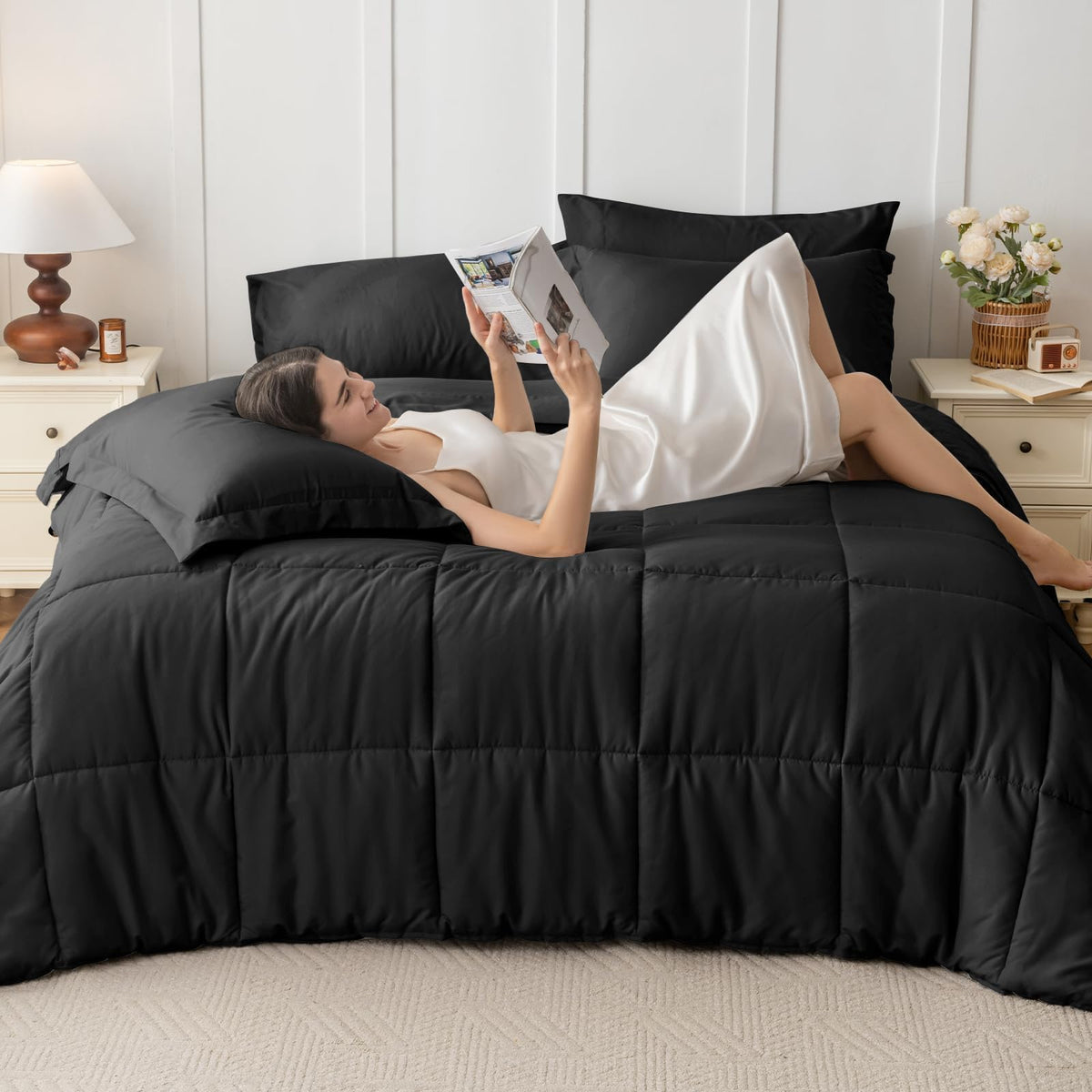 JOLLYVOGUE Queen Comforter Set, Ultra-Soft Bed in a Bag Queen Size 7 Pieces, Oeko-TEX Certified Bedding Set with Down Alternative Comforter, Sheets, Pillowcases & Shams, Black - thewildfolk JOLLYVOGUE Queen Comforter Set, Ultra-Soft Bed in a Bag Queen Size 7 Pieces, Oeko-TEX Certified Bedding Set with Down Alternative Comforter, Sheets, Pillowcases & Shams, Black