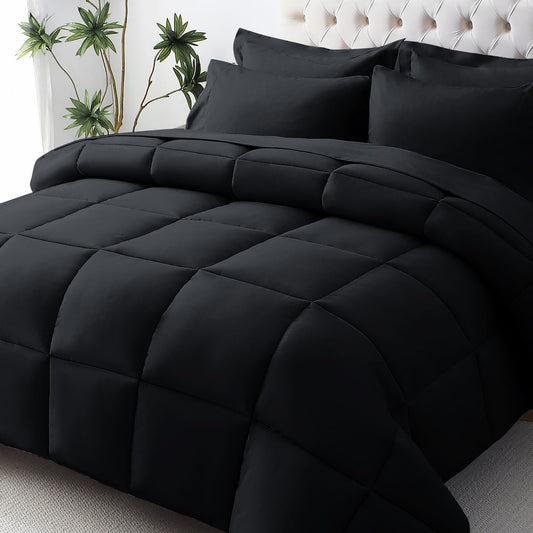JOLLYVOGUE Queen Comforter Set, Ultra-Soft Bed in a Bag Queen Size 7 Pieces, Oeko-TEX Certified Bedding Set with Down Alternative Comforter, Sheets, Pillowcases & Shams, Black - thewildfolk JOLLYVOGUE Queen Comforter Set, Ultra-Soft Bed in a Bag Queen Size 7 Pieces, Oeko-TEX Certified Bedding Set with Down Alternative Comforter, Sheets, Pillowcases & Shams, Black