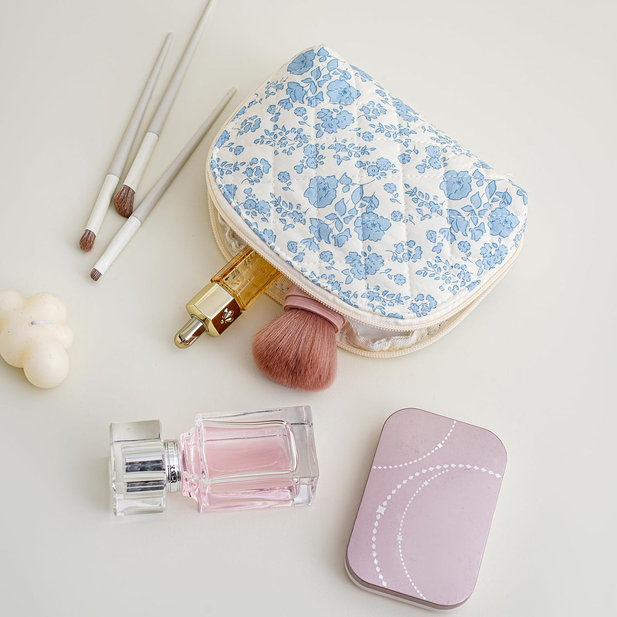JOVAKIT Quilted Conch Shaped Makeup Bag Cosmetic Bag for Women, Floral Coquette Cotton Travel Makeup Case Toiletry Zipper Make Up Pouch, Travel Storage Organizer Stuff (Blue Floral) - thewildfolk JOVAKIT Quilted Conch Shaped Makeup Bag Cosmetic Bag for Women, Floral Coquette Cotton Travel Makeup Case Toiletry Zipper Make Up Pouch, Travel Storage Organizer Stuff (Blue Floral)