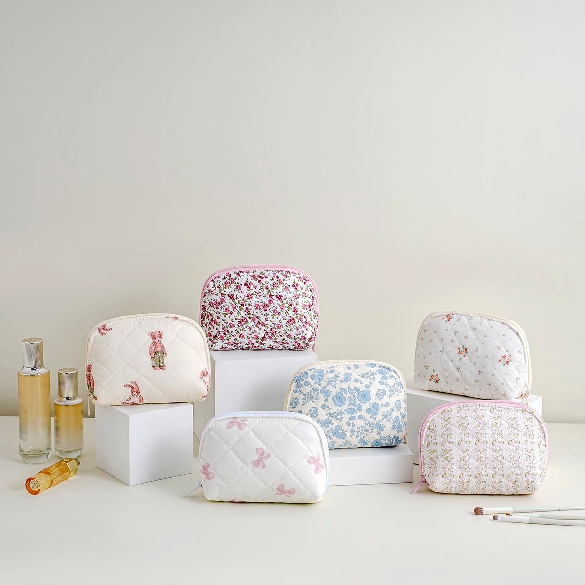 JOVAKIT Quilted Conch Shaped Makeup Bag Cosmetic Bag for Women, Floral Coquette Cotton Travel Makeup Case Toiletry Zipper Make Up Pouch, Travel Storage Organizer Stuff (Blue Floral) - thewildfolk JOVAKIT Quilted Conch Shaped Makeup Bag Cosmetic Bag for Women, Floral Coquette Cotton Travel Makeup Case Toiletry Zipper Make Up Pouch, Travel Storage Organizer Stuff (Blue Floral)