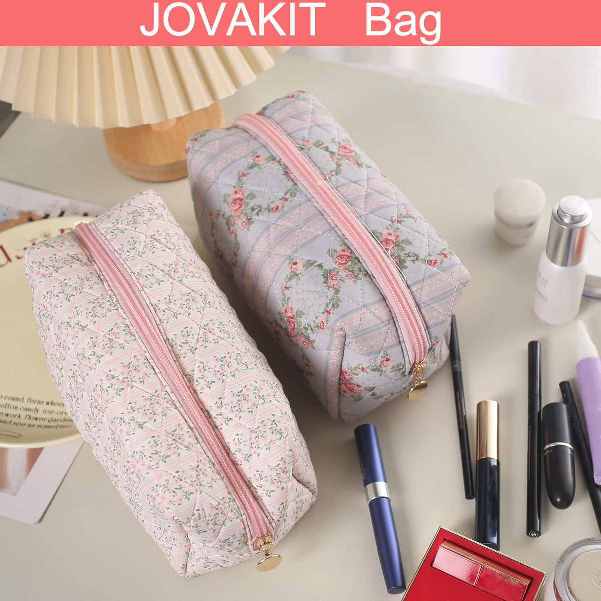 JOVAKIT Square Makeup Bag Cute Cosmetic Bag for Women, Floral Coquette Aesthetic Toiletry Bag, Zipper Make Up Pouch, Travel Make Up Organizer Bag (Pink Floral) - thewildfolk JOVAKIT Square Makeup Bag Cute Cosmetic Bag for Women, Floral Coquette Aesthetic Toiletry Bag, Zipper Make Up Pouch, Travel Make Up Organizer Bag (Pink Floral)