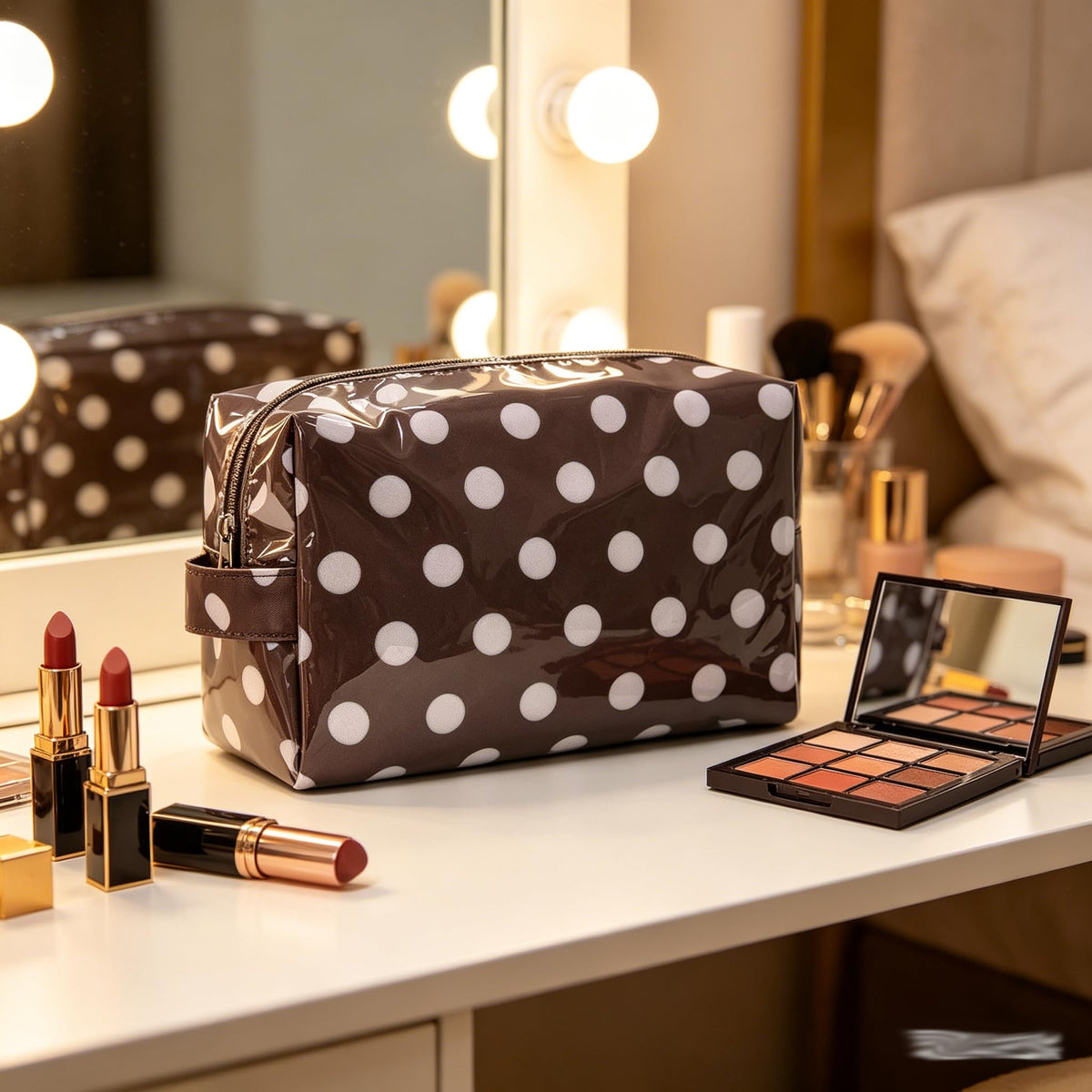 JQWYGB Small Polka Dots Cosmetic Bags Women’s PVC Makeup Purse Waterproof Toiletry Bag Multi-Use Cosmetic Pouch Travel Work - thewildfolk JQWYGB Small Polka Dots Cosmetic Bags Women’s PVC Makeup Purse Waterproof Toiletry Bag Multi-Use Cosmetic Pouch Travel Work