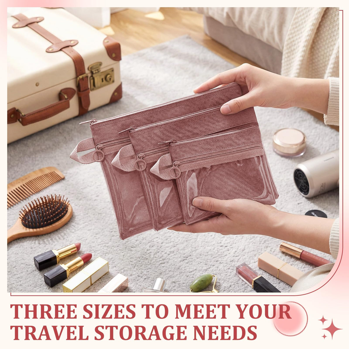 Kacctyen 3 Pack Clear Makeup Bag Set for Women, Pouch with Zipper Cosmetic Pouches Waterproof PVC Toiletry Bag Travel Purse Organizer Insert Double-layer Pocket for Small Items Storage(Pink) - thewildfolk Kacctyen 3 Pack Clear Makeup Bag Set for Women, Pouch with Zipper Cosmetic Pouches Waterproof PVC Toiletry Bag Travel Purse Organizer Insert Double-layer Pocket for Small Items Storage(Pink)