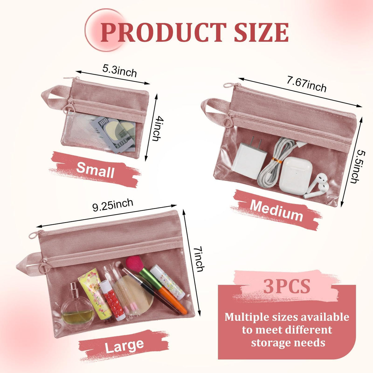 Kacctyen 3 Pack Clear Makeup Bag Set for Women, Pouch with Zipper Cosmetic Pouches Waterproof PVC Toiletry Bag Travel Purse Organizer Insert Double-layer Pocket for Small Items Storage(Pink) - thewildfolk Kacctyen 3 Pack Clear Makeup Bag Set for Women, Pouch with Zipper Cosmetic Pouches Waterproof PVC Toiletry Bag Travel Purse Organizer Insert Double-layer Pocket for Small Items Storage(Pink)