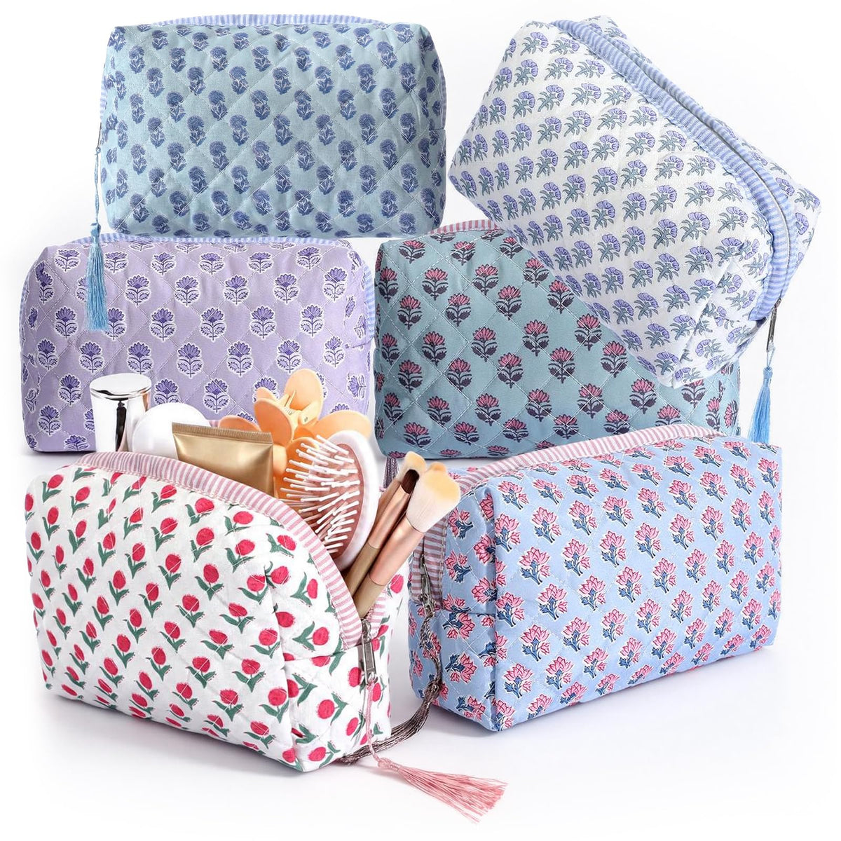Kacctyen 6 Pcs Block Print Makeup Bags Cotton Quilted Blue Toiletry Makeup Bag with Tassel Flower Pouch Emergency Travel Toiletry Bridesmaid Engagement Bridal Shower Gift for Women (Blue Ditsy) - thewildfolk Kacctyen 6 Pcs Block Print Makeup Bags Cotton Quilted Blue Toiletry Makeup Bag with Tassel Flower Pouch Emergency Travel Toiletry Bridesmaid Engagement Bridal Shower Gift for Women (Blue Ditsy)
