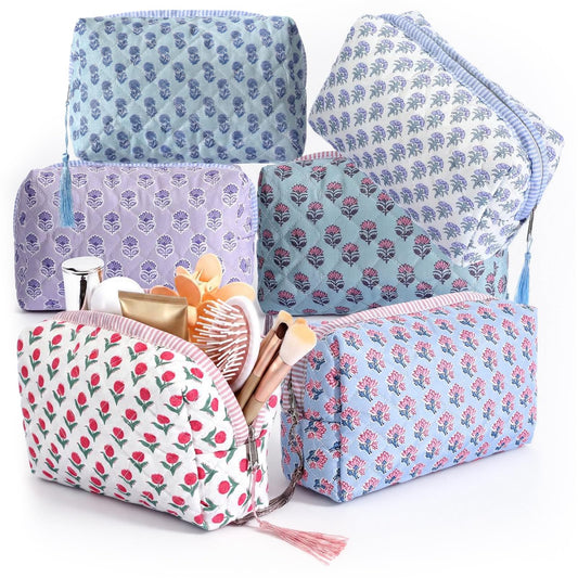 Kacctyen 6 Pcs Block Print Makeup Bags Cotton Quilted Blue Toiletry Makeup Bag with Tassel Flower Pouch Emergency Travel Toiletry Bridesmaid Engagement Bridal Shower Gift for Women (Blue Ditsy) - thewildfolk Kacctyen 6 Pcs Block Print Makeup Bags Cotton Quilted Blue Toiletry Makeup Bag with Tassel Flower Pouch Emergency Travel Toiletry Bridesmaid Engagement Bridal Shower Gift for Women (Blue Ditsy)