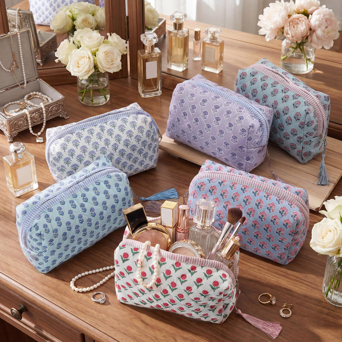 Kacctyen 6 Pcs Block Print Makeup Bags Cotton Quilted Blue Toiletry Makeup Bag with Tassel Flower Pouch Emergency Travel Toiletry Bridesmaid Engagement Bridal Shower Gift for Women (Blue Ditsy) - thewildfolk Kacctyen 6 Pcs Block Print Makeup Bags Cotton Quilted Blue Toiletry Makeup Bag with Tassel Flower Pouch Emergency Travel Toiletry Bridesmaid Engagement Bridal Shower Gift for Women (Blue Ditsy)