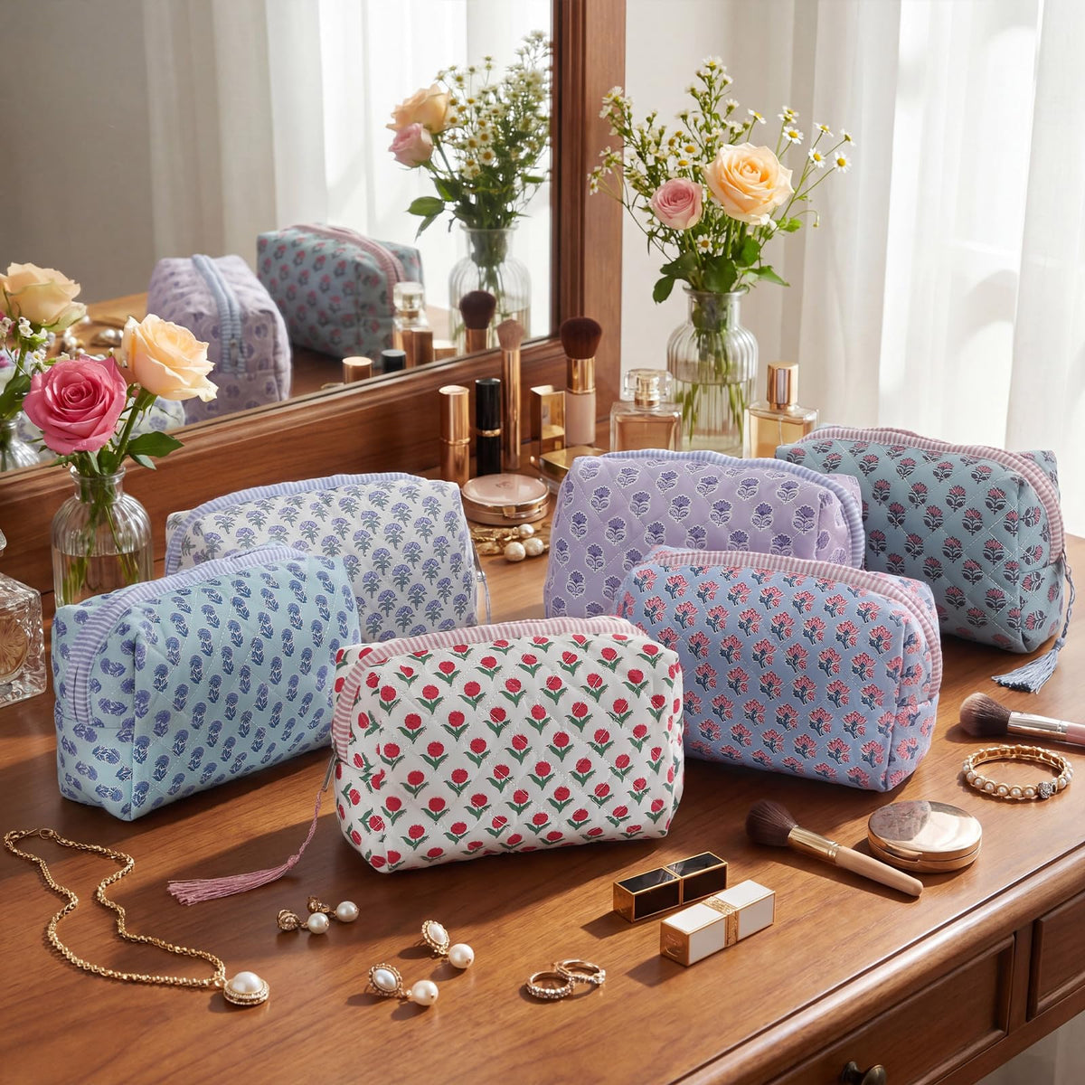 Kacctyen 6 Pcs Block Print Makeup Bags Cotton Quilted Blue Toiletry Makeup Bag with Tassel Flower Pouch Emergency Travel Toiletry Bridesmaid Engagement Bridal Shower Gift for Women (Blue Ditsy) - thewildfolk Kacctyen 6 Pcs Block Print Makeup Bags Cotton Quilted Blue Toiletry Makeup Bag with Tassel Flower Pouch Emergency Travel Toiletry Bridesmaid Engagement Bridal Shower Gift for Women (Blue Ditsy)