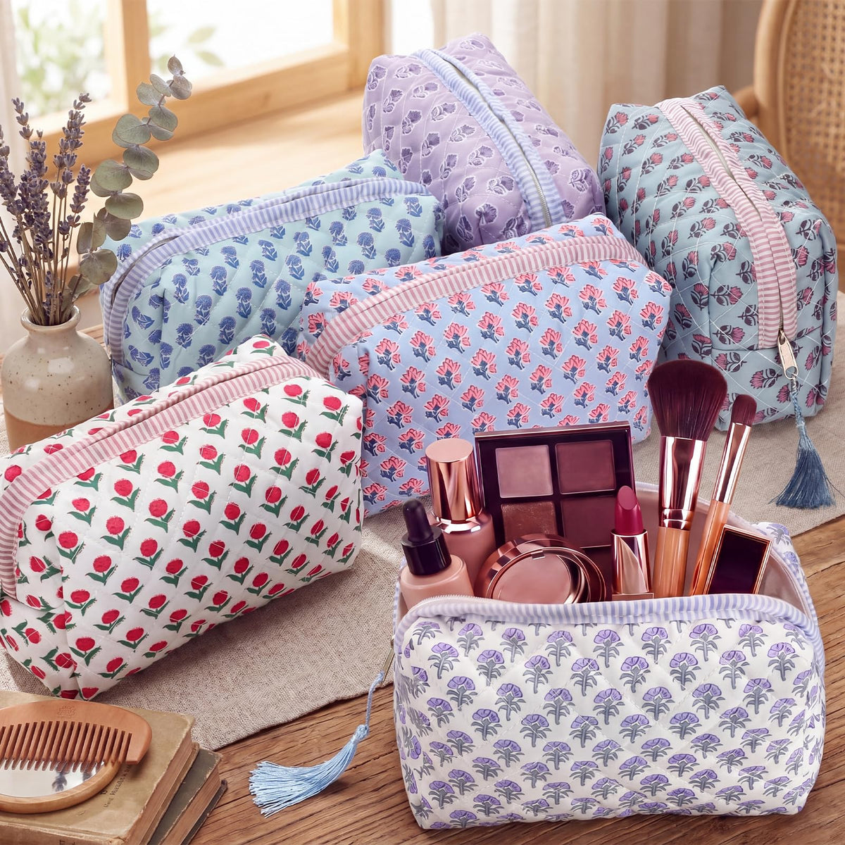 Kacctyen 6 Pcs Block Print Makeup Bags Cotton Quilted Blue Toiletry Makeup Bag with Tassel Flower Pouch Emergency Travel Toiletry Bridesmaid Engagement Bridal Shower Gift for Women (Blue Ditsy) - thewildfolk Kacctyen 6 Pcs Block Print Makeup Bags Cotton Quilted Blue Toiletry Makeup Bag with Tassel Flower Pouch Emergency Travel Toiletry Bridesmaid Engagement Bridal Shower Gift for Women (Blue Ditsy)
