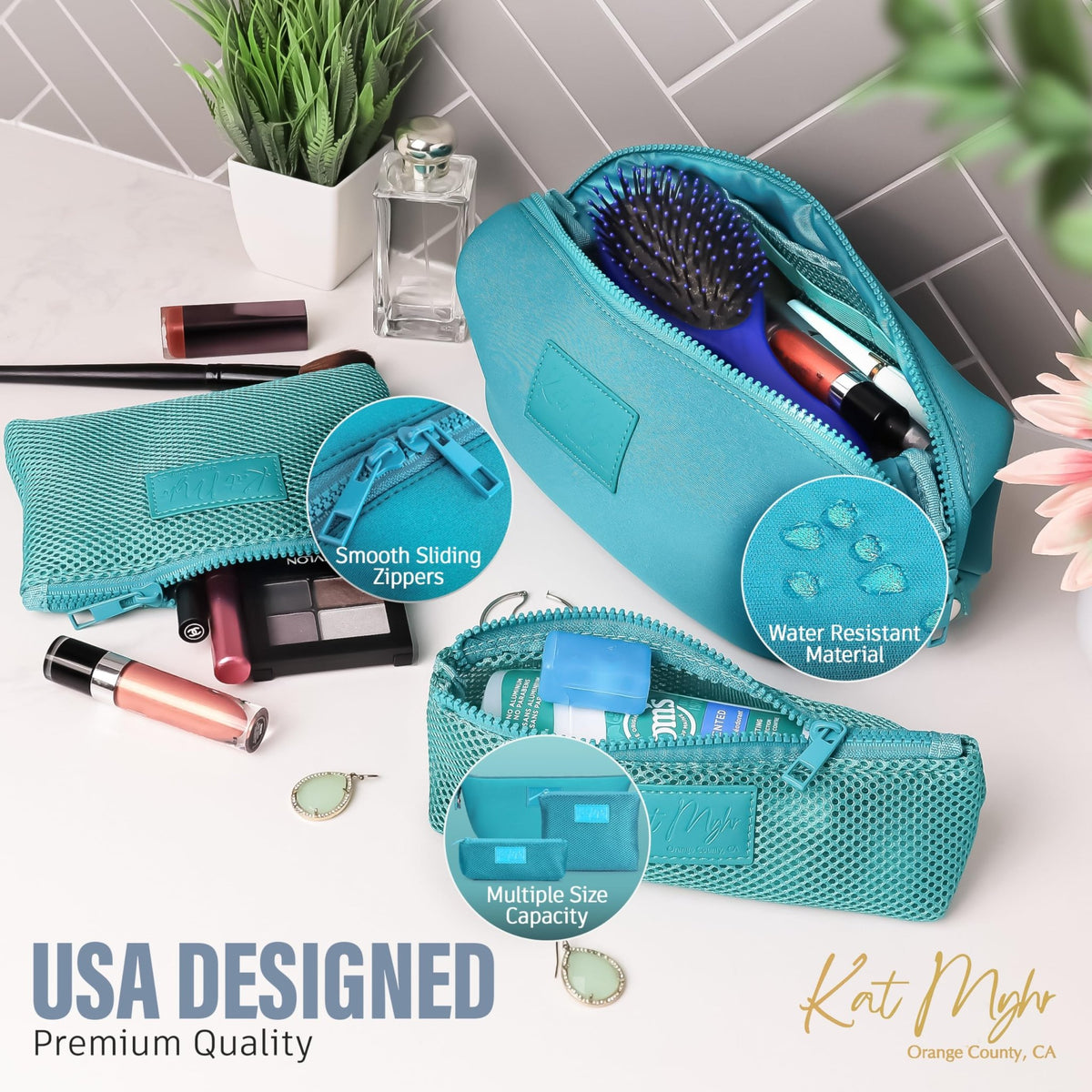 Kat Myhr Neoprene Washable Travel Makeup & Cosmetic Bag Set, 2 Air Mesh Pouches,100% Neoprene Toiletry Bag, Large Water Resistant Travel Bag for Toiletries, Makeup Cosmetic Travel Bag (Turquoise) - thewildfolk Kat Myhr Neoprene Washable Travel Makeup & Cosmetic Bag Set, 2 Air Mesh Pouches,100% Neoprene Toiletry Bag, Large Water Resistant Travel Bag for Toiletries, Makeup Cosmetic Travel Bag (Turquoise)