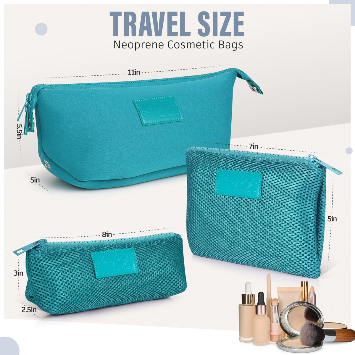 Kat Myhr Neoprene Washable Travel Makeup & Cosmetic Bag Set, 2 Air Mesh Pouches,100% Neoprene Toiletry Bag, Large Water Resistant Travel Bag for Toiletries, Makeup Cosmetic Travel Bag (Turquoise) - thewildfolk Kat Myhr Neoprene Washable Travel Makeup & Cosmetic Bag Set, 2 Air Mesh Pouches,100% Neoprene Toiletry Bag, Large Water Resistant Travel Bag for Toiletries, Makeup Cosmetic Travel Bag (Turquoise)