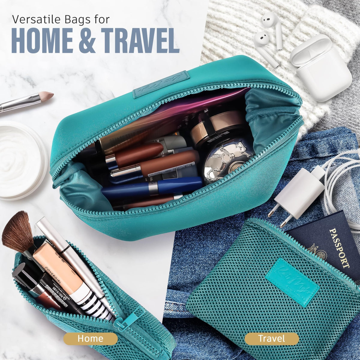 Kat Myhr Neoprene Washable Travel Makeup & Cosmetic Bag Set, 2 Air Mesh Pouches,100% Neoprene Toiletry Bag, Large Water Resistant Travel Bag for Toiletries, Makeup Cosmetic Travel Bag (Turquoise) - thewildfolk Kat Myhr Neoprene Washable Travel Makeup & Cosmetic Bag Set, 2 Air Mesh Pouches,100% Neoprene Toiletry Bag, Large Water Resistant Travel Bag for Toiletries, Makeup Cosmetic Travel Bag (Turquoise)