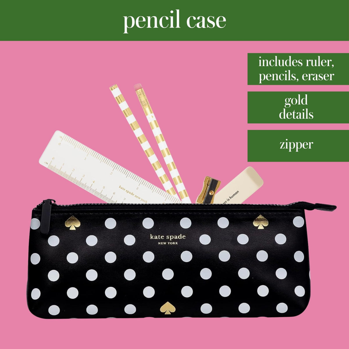 kate spade new york Pen and Pencil Case with Office Supplies, Zip Pouch Includes 2 Pencils, Sharpener, Eraser, and Ruler, Polka Dots (black/white) - thewildfolk kate spade new york Pen and Pencil Case with Office Supplies, Zip Pouch Includes 2 Pencils, Sharpener, Eraser, and Ruler, Polka Dots (black/white)