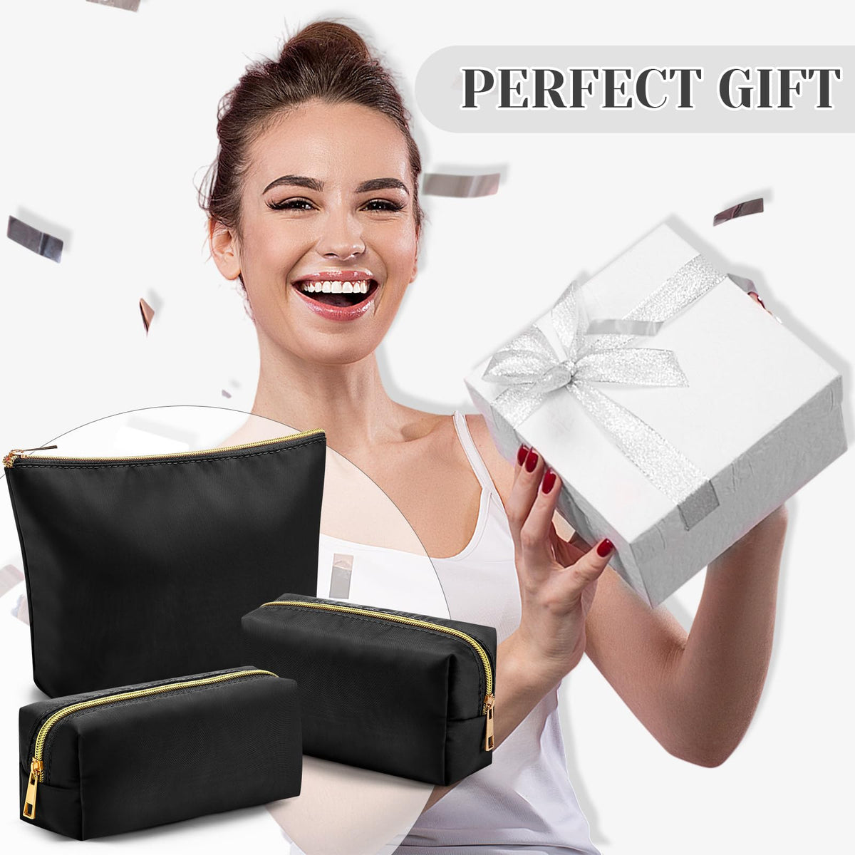 Kigeli 3 Pcs Nylon Makeup Bag Set for Women Aesthetic Cosmetic Bag with Interior Pocketes Preppy Cute Purse Pouch Makeup Brushes Storage Organizer for Travel(Black) - thewildfolk Kigeli 3 Pcs Nylon Makeup Bag Set for Women Aesthetic Cosmetic Bag with Interior Pocketes Preppy Cute Purse Pouch Makeup Brushes Storage Organizer for Travel(Black)