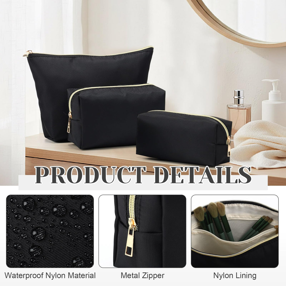 Kigeli 3 Pcs Nylon Makeup Bag Set for Women Aesthetic Cosmetic Bag with Interior Pocketes Preppy Cute Purse Pouch Makeup Brushes Storage Organizer for Travel(Black) - thewildfolk Kigeli 3 Pcs Nylon Makeup Bag Set for Women Aesthetic Cosmetic Bag with Interior Pocketes Preppy Cute Purse Pouch Makeup Brushes Storage Organizer for Travel(Black)